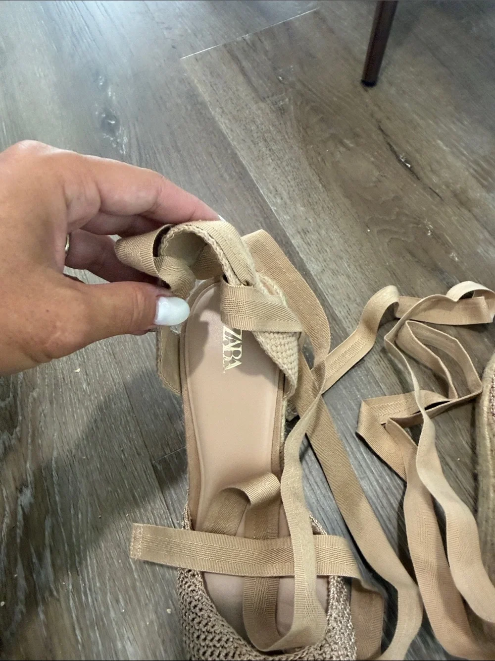 Zara Beige Crochet Tie-Ankle Espadrille Flats